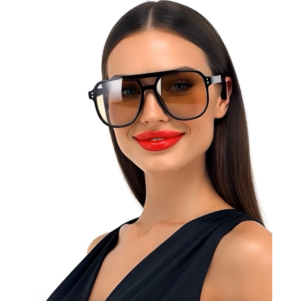 Oversized Square Aviator‎ Sunglasses Black Frame Amber Tint Lens Flat Top Retro